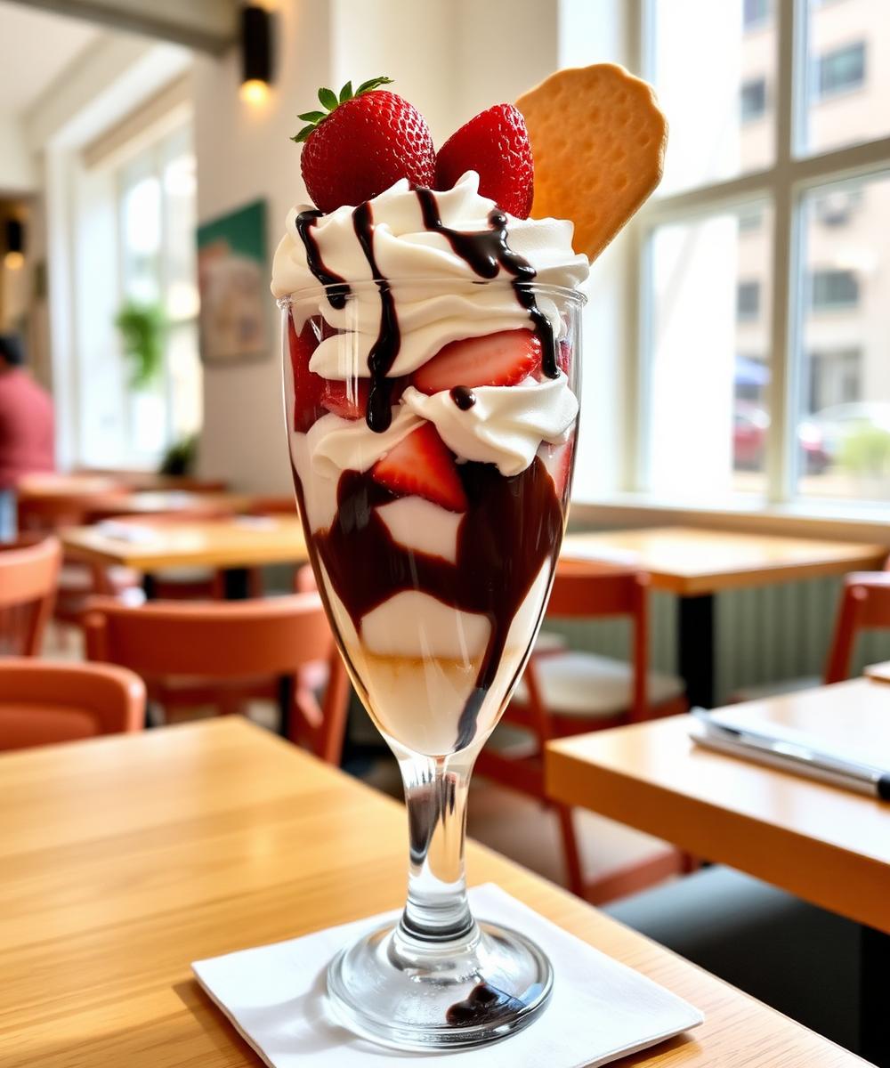 Eisbecher mit Sahne und Erdbeeren